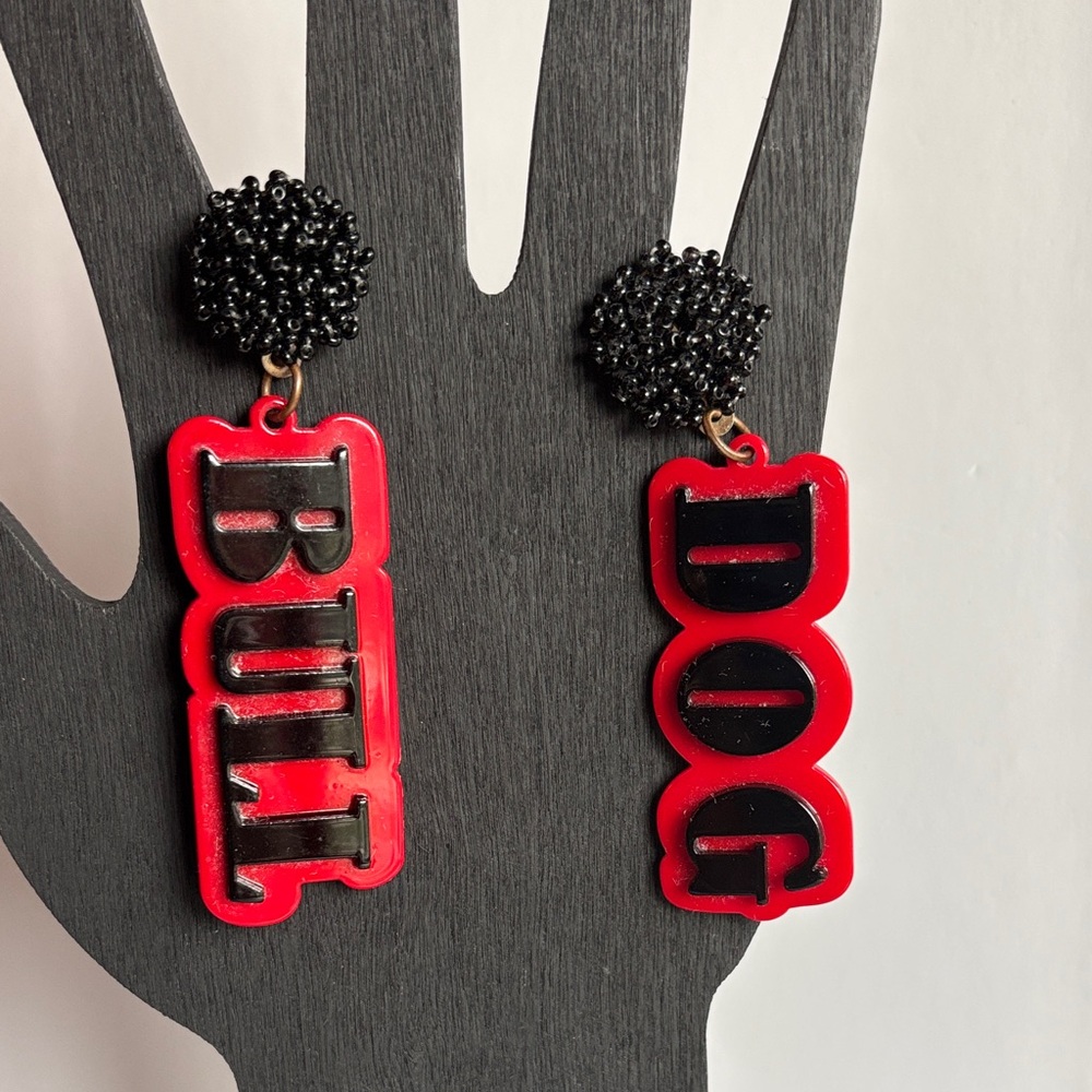 Red & Black 'BULL' and 'DOG' Statement Earrings